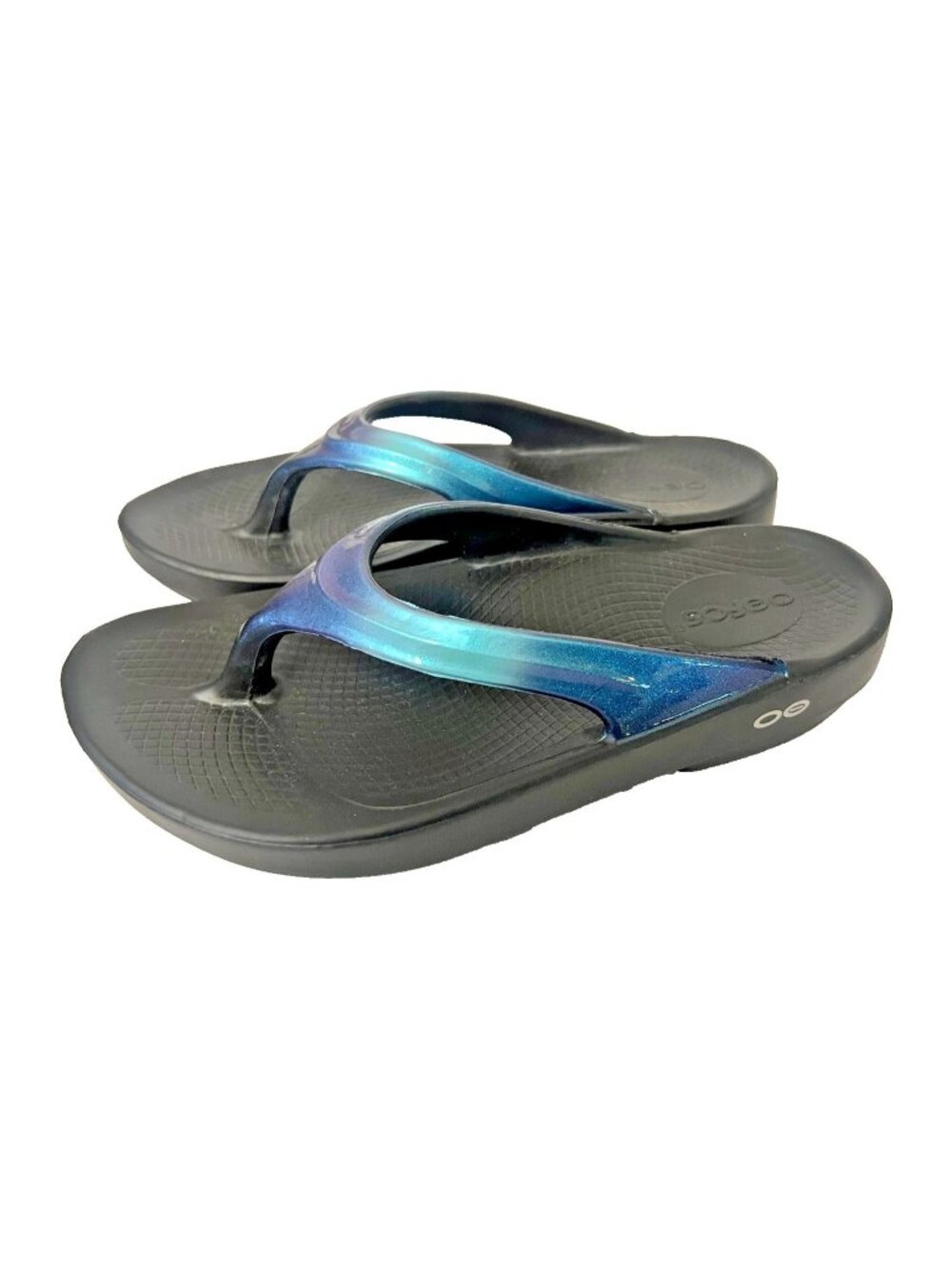 OOFOS OOlala Luxe Recovery Sandals Black Iridescent Blue Purple Thong Womens 5